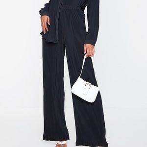 PLT Black Plisse High Waisted Wide Leg Pants and Button Front Oversized Top